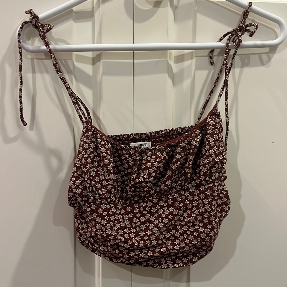 Brown tie tank top with white flowers